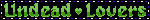 A black blinkie with a white and blue border and green text that reads Undead Lovers. There is a green beating heart in between the two words.