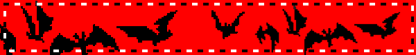 A red blinkie with a white and black border and a gif of simple black bats flapping their wings