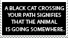 A black stamp with a white border and white text that reads A black cat crossing your path signifies that the animal is going somewhere.