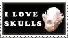A black stamp with a white border and a white animal skull and bold white text that reads I love skulls.