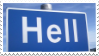 A stamp with a blue street sign that reads Hell in white lettering. There is a blue sky behind it and the stamp has a white border.