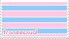 A stamp with the transsexual flag on it. The flag has seven thin stripes that alternate between light pink and light blue, with each stripe separated with a thin white line. In the bottom left corner is the word transsexual in dark pink text with a white outline.