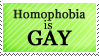 A light green stamp with a white border and text in a serif font that reads homophobia is gay. The text is capitalised.