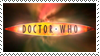 A stamp with a white border featuring the Doctor Who logo. It is an orange pointed shape with Doctor Who written on it in capital letters. There is a swirling orange, yellow and black background.