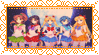 An orange stamp with an elegant border. An image of the Sailor Scouts from Sailor Moon appear before cutting to thick orange text with a white outline that reads Sailor Moon in capital letters.