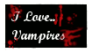 A black stamp with a thick white border and cursive white writing that reads i Love.. Vampires. There are red splatter marks around the writing.