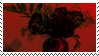 A stamp with a white border and roses silhouetted in black over a red background.