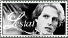 A stamp with a black and white image of Lestat from the 1994 Interview with the Vampire film with white cursive text that reads Lestat next to him